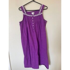 Aria Collection Purple Polka Dot Cotton Lace Trim Nightgown Sleep Dress Large